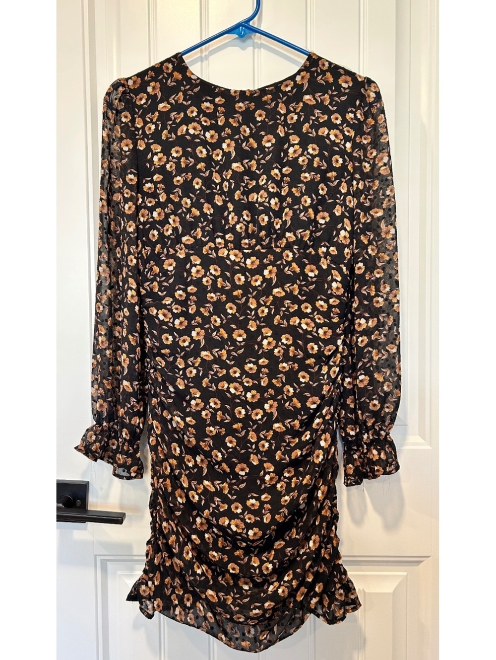 Storia ruched black floral dress sheer sleeves Swiss dot sheer overlay ruffle